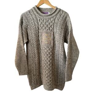 Highland Home Industries M Women Sweater 100% Wool Tan Cable Knit Fisherman